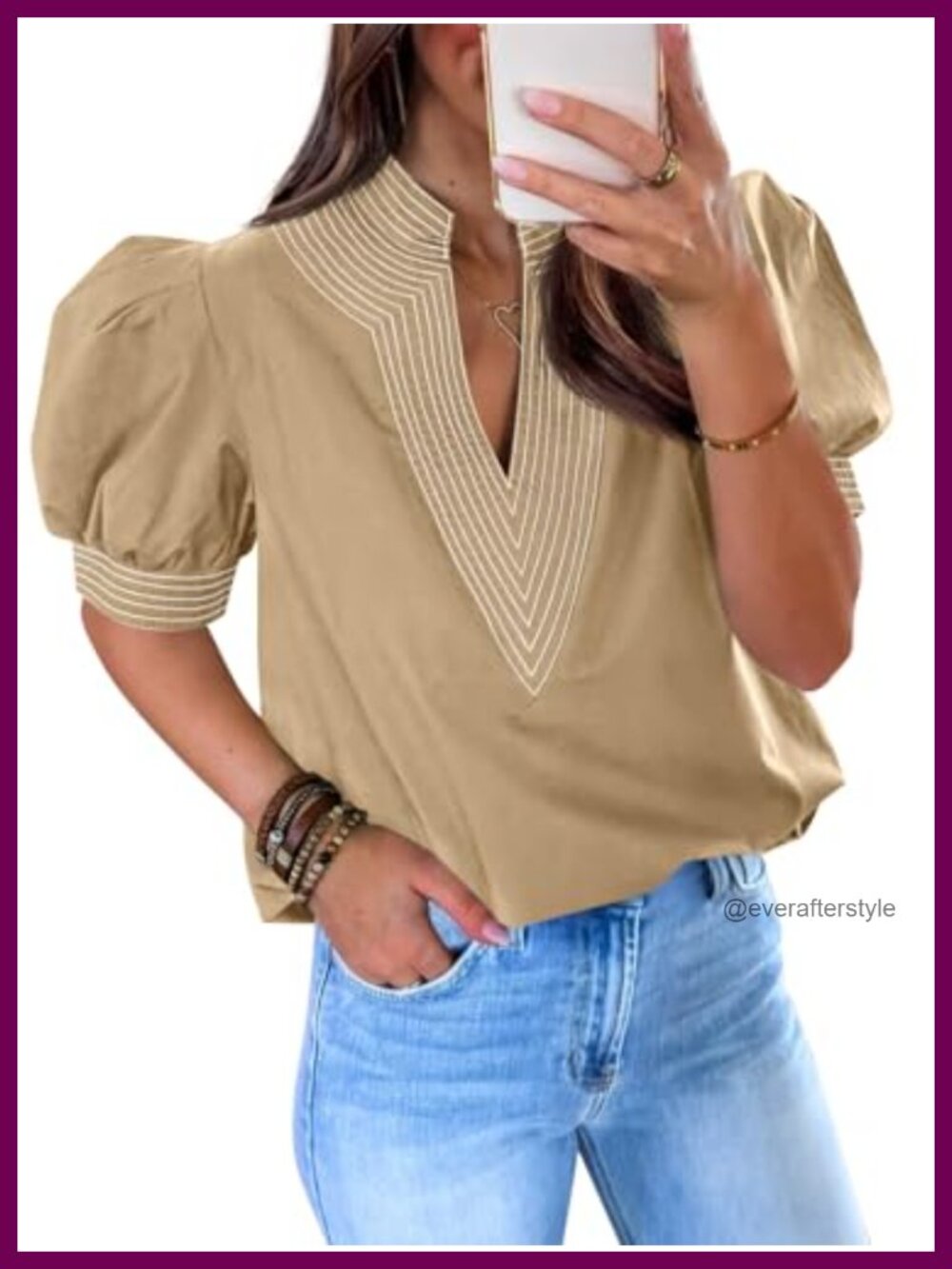 Women's Puff Sleeve V Neck Loose Fit Blouse Casual Summer Top